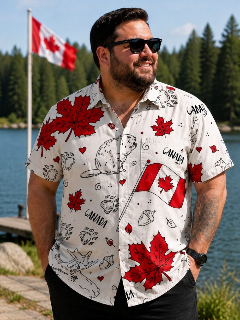 Men’s 3XL Canada Maple Leaf Flag Button-Up Shirt Short Sleeve